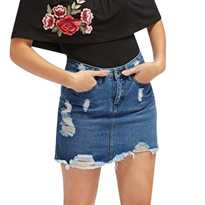 

Roseonmyhand Women Plus Size Solid Hollow Out Skirt Pocket Zipper Button Denim Mini Skirt