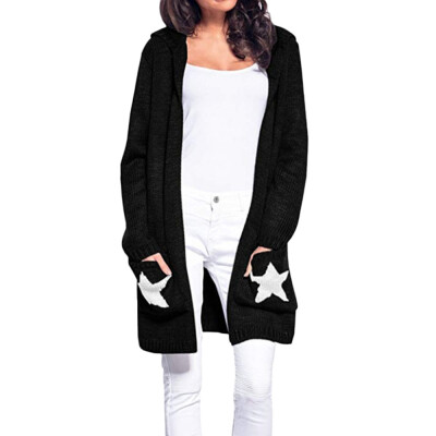 

Toponeto Womens Long Sleeve Hooded Cardigan Star Patchwork Open Front Cardigan Sweater