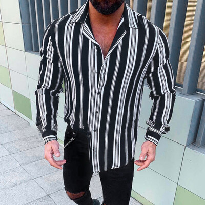 

Toponeto Mens Casual Fashion Slim Stripe Printing Lapel Long Sleeve Shirts Top Blouse