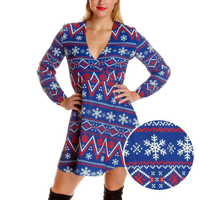 

Tailored Womens Christmas Costumes Fashion V Collar Autumn&Winter Printing Dress