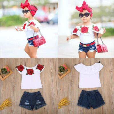 

Toddler Kids Baby Girls 3D Rose Off Shoulder Tops Denim Shorts Outfits Clothes