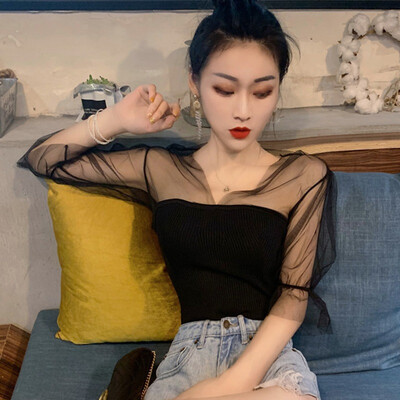

Sexy Mesh See Through Lantern Long Sleeve Crop Tops Spring Women Backless Patchwork Slim V-Neck T-Shirt Tees