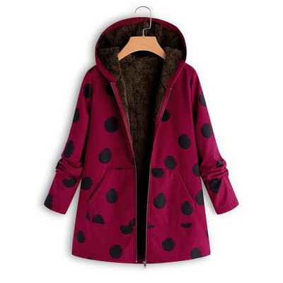 

Womens Polka Dot Hooded Coat Vintage Winter Long Pocket Jacket Outwear Plus Size