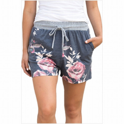 

Printed pattern elastic belt casual shorts