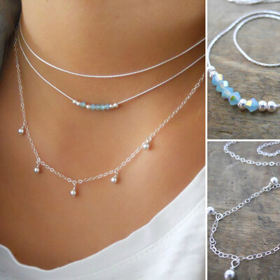 

Europe&the United States small fresh sexy multi-layer necklace silver chain sky blue water wafer beads handmade necklace two sets