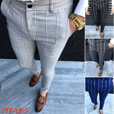 

Mens England Retro Dress Pants Formal Plaid Stripe Pants Casual Trouser