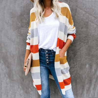 

Roseonmyhand Women Long Sleeve Color Striped Pocket Casual Knitted Outerwear Cardigan Sweater