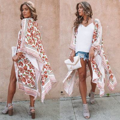 

New Women Chiffon Kimono Cardigan Floral Print Split Boho Loose Outerwear Beach Bikini Cover Up White