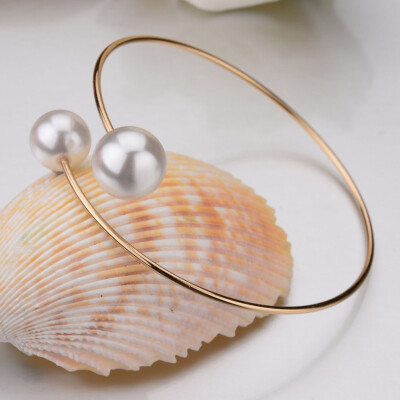 

GoldSilver Plated Open Cuff Bracelets Simple Double Simulated Pearl Ball Beads Adjustable Bangles Women