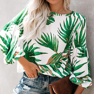 

Floral&Leafage Printed Lantern Long Sleeve Top
