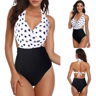 

Roseonmyhand Women Padded Sexy Dot Lace-up Print Backless Bikini Halter One Piece Swimwear