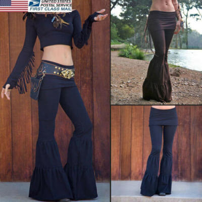 

US Womens Stretch Flare Wide Leg Yoga Pants Gypsy Palazzo Bell Bottom Trousers