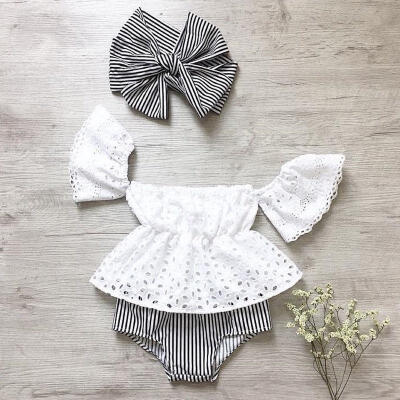 

Newborn Baby Girls Lace Off Shoulder Top Stripe Shorts 3Pcs Outfits Sunsuit