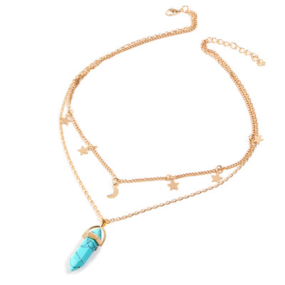 

Fashion Natural Opal Stone Moon Star Choker necklaces for Women Gold Color Double Layer Crystal Pendant Necklace Jewelry