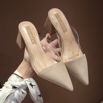

Slippers women wear pointed half slippers women summer 2019 new fashion Joker thick with red Mueller Baotou sandals