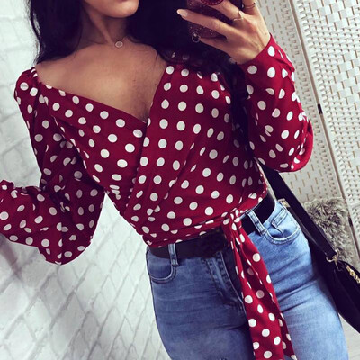 

Womens Summer V-neck Long Sleeve Sunscreen Sexy Casual Dots Lace Up Blouse Tops