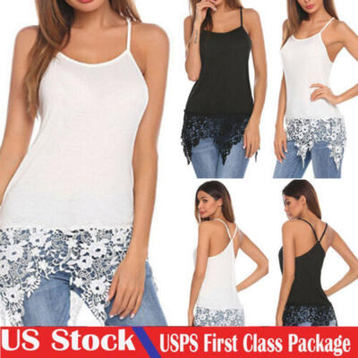 

Womens Sexy Summer Spaghetti Strap Vest Blouses Lace Trim Shirts Tank Tops