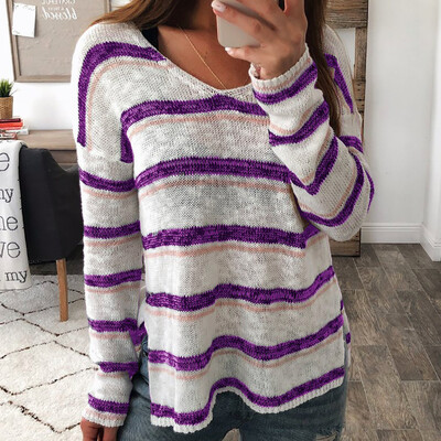 

Nomeni Women Ladies Sexy V-neck Stripe Long Sleeve Pullover Tops Knitting Shirt