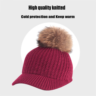 

Tailored Women Autumn Winter Outdoor Warm Fur Ball Hats Crochet Knit Holey Beanie Cap