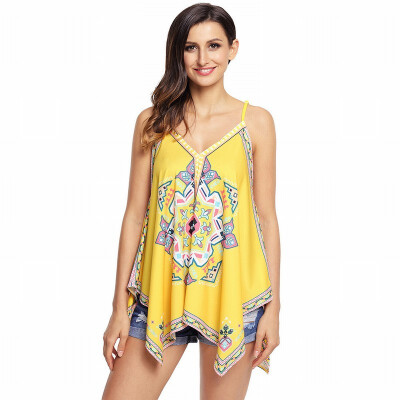 

V-neck sleeveless ethnic style tribal print loose top T-shirt