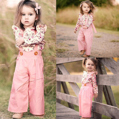 

Toddler Baby Girls Long Sleeve Floral TopsSolid Overalls Pants Clothes Outfits