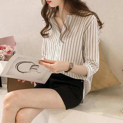 

Womens Business Casual Stripes Tops 34 Sleeve Button Crew Neck Loose Blouse
