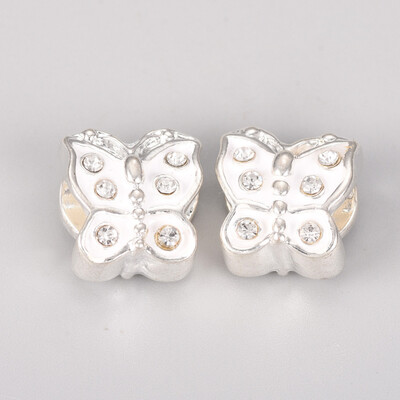 

Alloy Enamel European Beads with Rhinestones Large Hole Beads Butterfly Silver White 13x12x9mm Hole 5mm