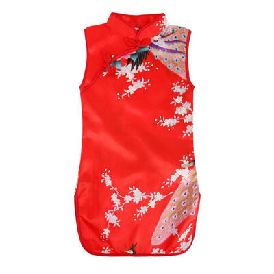 

Girls Sleeveless Stand Collar Peacock Flower Print Kids Cheongsam Dress