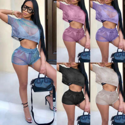 

Sexy Women 2 Piece Hollow Mesh Crop Top Shorts Set Jumpsuit Romper Short Sleeve