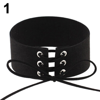 

Womens Vintage Punk Gothic Lace Up Faux Suede Wide Choker Short Necklace