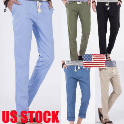 

US Men Cotton Linen Loose Pants Beach Drawstring Yoga Elastic Casual Trousers