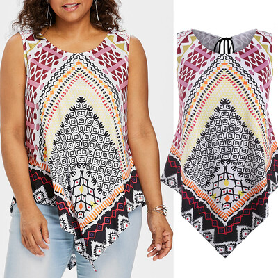 

Roseonmyhand Plus Size Womens Casual Print Irregularity O-Neck Tank Tops Blouse