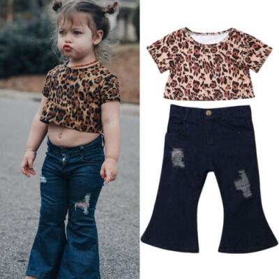 

Toddler Kids Baby Girl Leopard Tops ShirtDenim Bell Bottom Pants Outfits Set