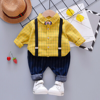 

Toddler Newborn Boy Autumn Outfits Long Sleeve Plaid Print Shirt TopStrap Striped Trousers Casual Sets