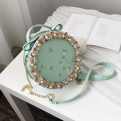 

Joker portable small round bag female 2019 new chic embroidered Sen fairy scarlet bag lace chain shoulder bag