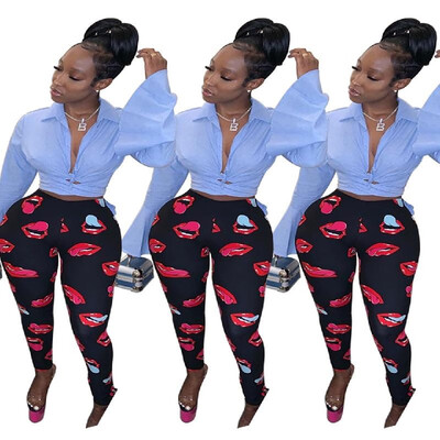 

A5082 cross-border for 2019 summer new European&American womens fashion lips digital printing leggings black