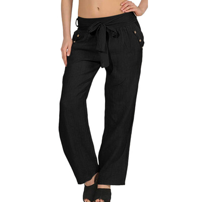 

Womens Casual Pants High Waist Strap Pants Solid Color Button Wide Leg Pants