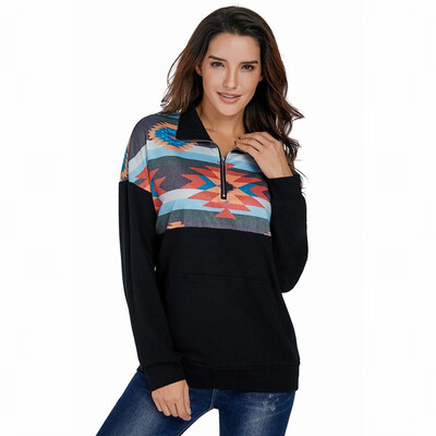 

womens sweatshirt Autumn Lapel Zip Long Sleeve Print Slim Top