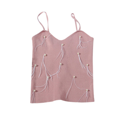 

Women Casual Basic Sexy Versatile Slim Pearl Feather Sling Bottoming Stretch Camisole Tops