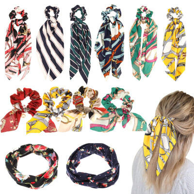 

Hair Ties Chiffon Bow knot Hair Scrunchy Vintage Floral Scarf Hair Ties Polka Dot Hair Accessories for Women