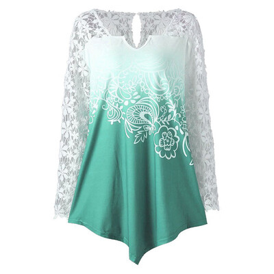 

Womens Fashion Long Sleeve V-Neck Lace Stitching Solid Color Gradient Color T-Shirt