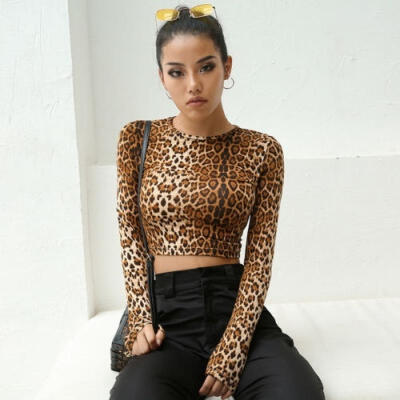 

Women O Neck Slim Crop Top Leopard Print Blouse Top Short T-shirt Clubwear Party