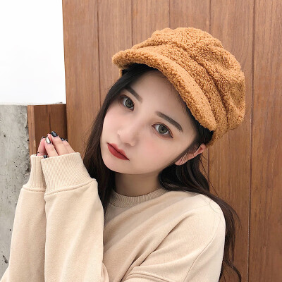 

Hat Female Autumn&Winter Thickened Warm Octagonal Cap Korean Edition Lovely Lamb Flannel Beret Student Simple Duck Tongue Cap