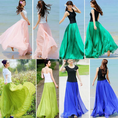

NEW Women Double Layer Chiffon Pleated Retro Long Maxi Dress Elastic Waist Skirt