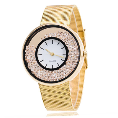 

Two-tone gold&silver ultra-thin Geneva watch business ultra-thin blue tie pin mesh with ball sandpaper watch