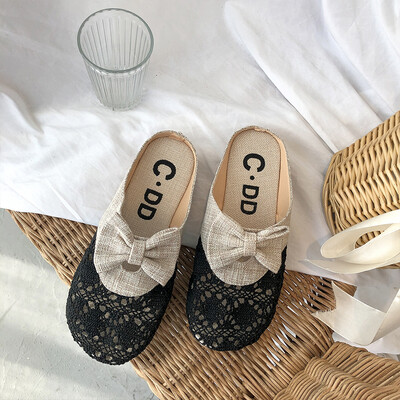 

Baotou half slippers women flat-bottomed retro lace Korean women slippers wear outdoor low heel net red half bag slippers cool