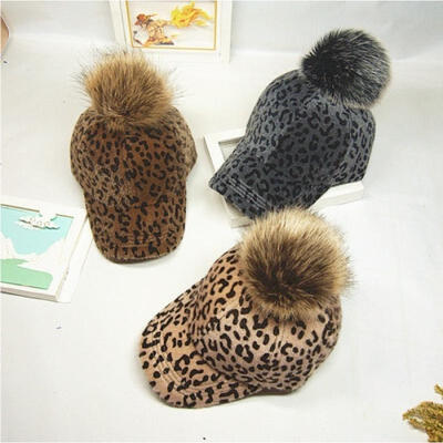 

Women Baby Baseball Cap Leopard Cap with Hair Ball Hats Winter Autumn Headdress