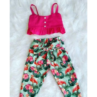 

2PCS Kids Baby Girls Outfits Tube TopsFloral & Flamingos Long Pants Clothes UK