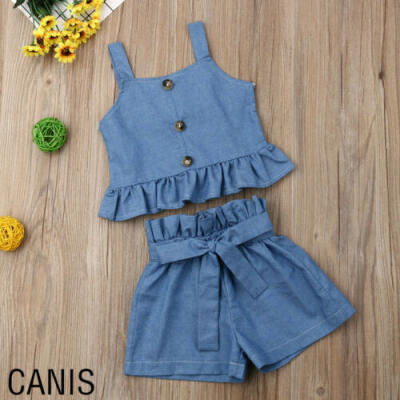 

Cute Toddler Baby Girls Kid Ruffle Sling Tops Short Pants Outfit Clothes 1-5T US