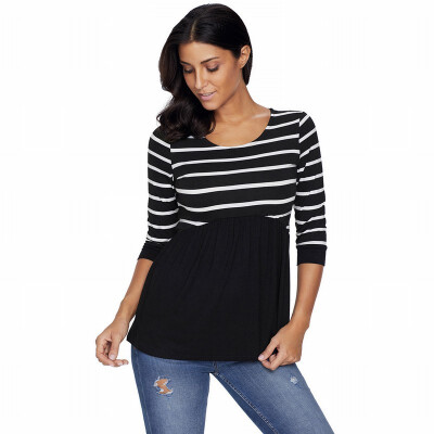 

Round neck cropped sleeves two-color striped stitching hem casual top
